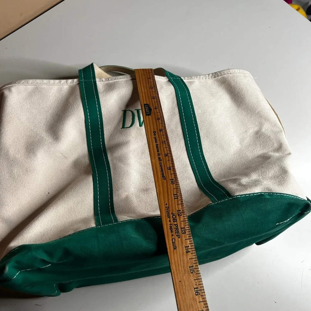 LL Bean Boat and Tote Zip Top Canvas Bag‎ Green Cream DVZ Monogram Large